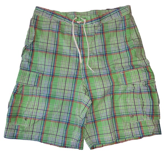 Polo Ralph Lauren Swim Trunks Size 34 Mens Green Plaid Cargo Drawstring Unlined - Picture 1 of 16